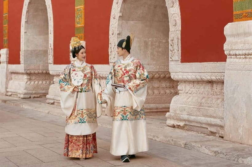 Beijing Traditional Hanfu Experience & Photoshoot for Groups - The Forbidden City moat photo stop: red walls, classic angles