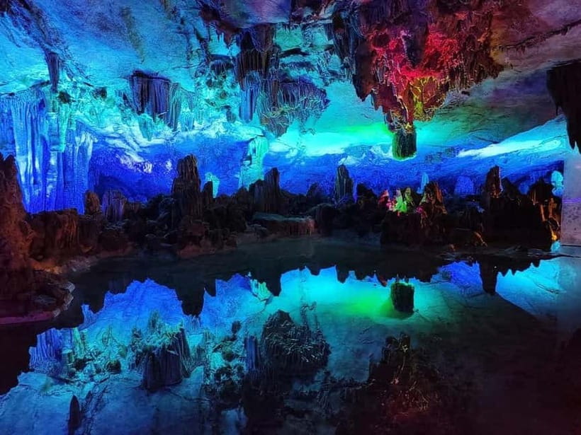 Guilin: 1-Day Cave, Xianggong Hill, Bamboo Boat & Show - Reed Flute Cave: colored limestone with a manageable walking loop