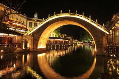 Private Evening Tour to Simatai Great Wall and Gubei Water Town - Gubei Water Town after dark: canals, fountains, and an 8:00 pm light show